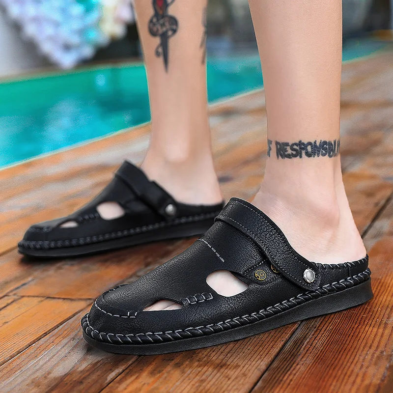 

New Summer Beach Sandals Men Fashion Casual Genuine Leather Flip Flops Outdoor Toe Cap Comfortable Slippers Men Sandalias Hombre