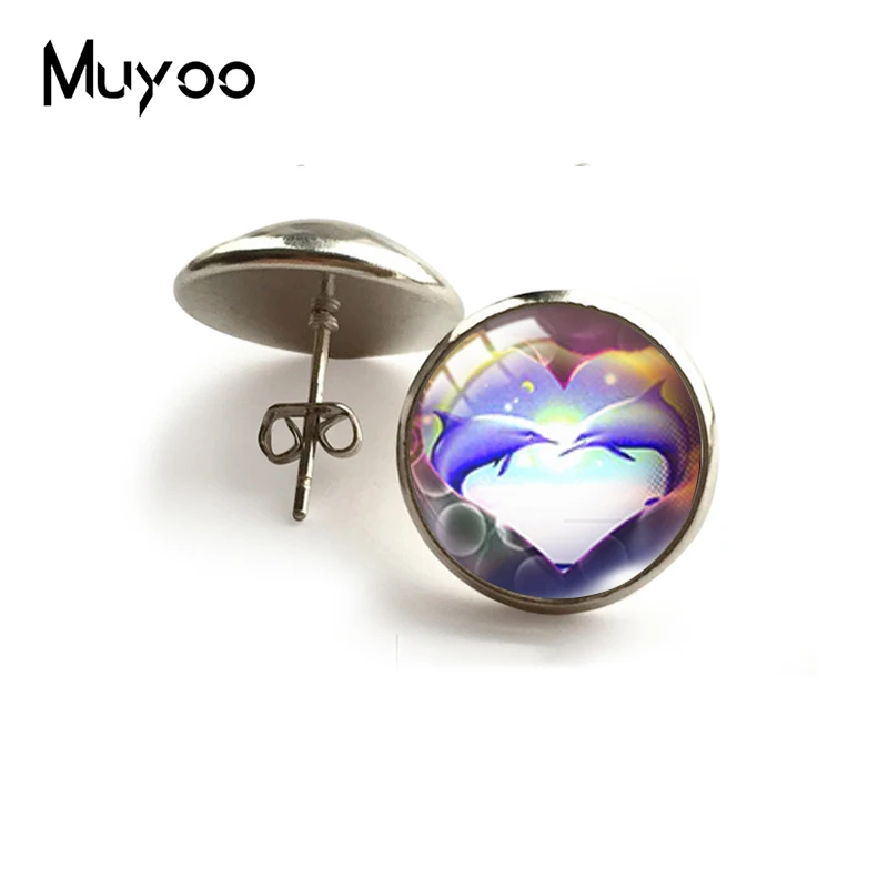 

2021 New Dolphin Love Stud Earring Oil Painting Round Earrings Glass Dome Jewelry Gifts Women