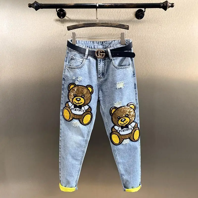 

2021 New Autumn Fashion Casual Students Harem Pants Hole Sequins Cartoon Ankle-length Jeans All-match Women Denim Trousers