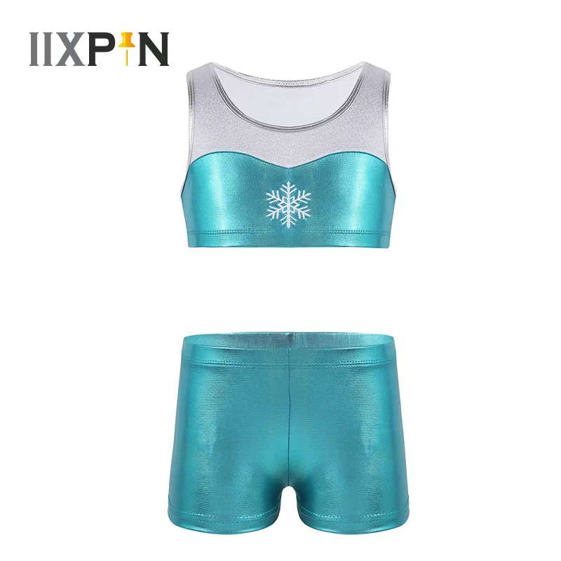 

Kids Girls Tankini dance costume ballet Sleeveless Shiny Snowflake Embroidery Tank Top with Bottoms Set Ballet Dance Gym Workout