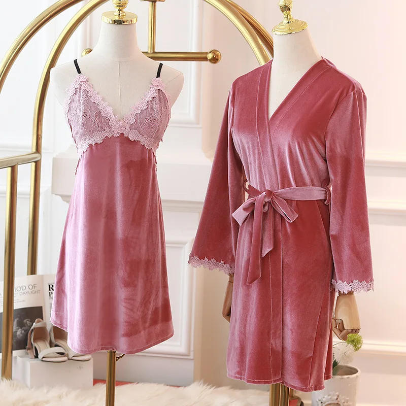 

Pink Velour Twinset Robe Set Sexy Lace Kimono Gown Women 2PCS Sleepwear Autumn New Bathrobe Gown V-neck Nighty&Robe Set