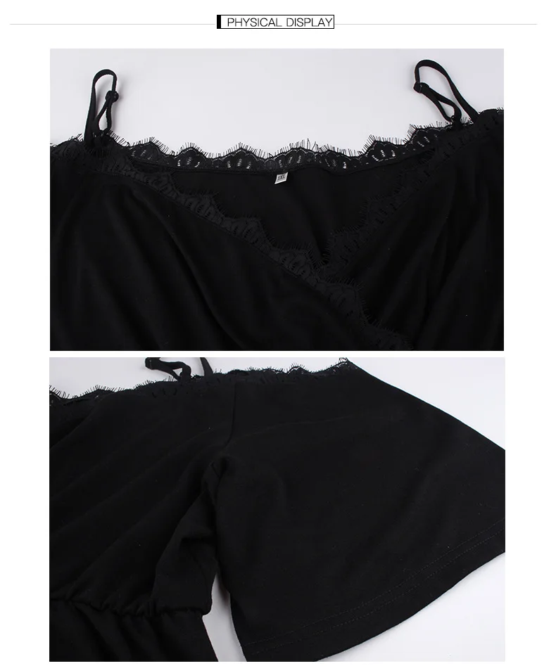 

Women Summer Sling Lace Top Black Slim Fit Large Size T-shirt 4XL