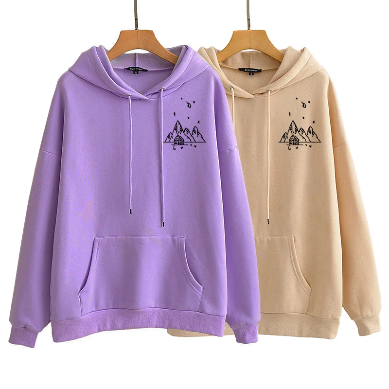 

Harajuku Retro Mountain Print Sweatshirt Autumn Winter Long Sleeve Streetwear Hoodie Casual Simple Hooded Women Clothes