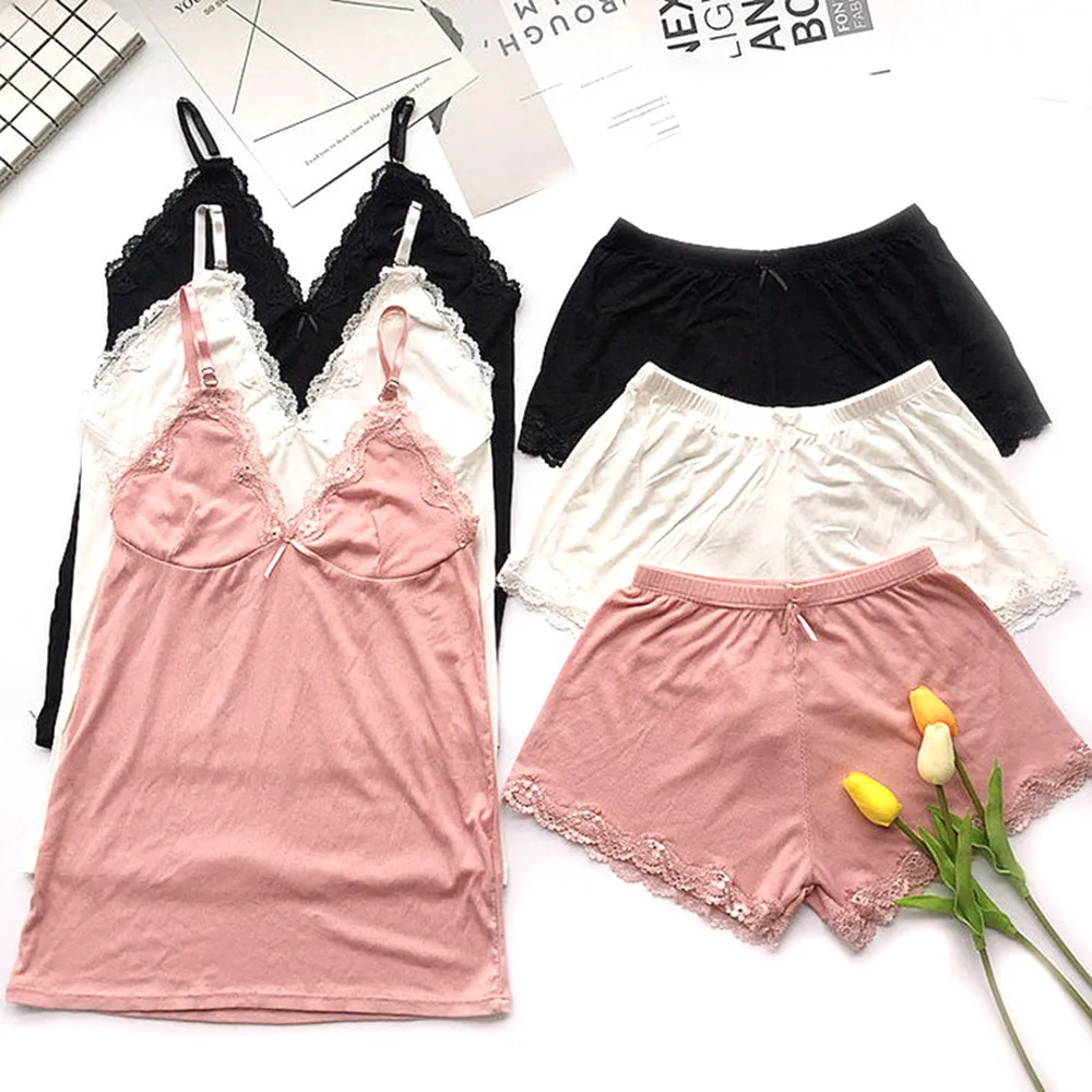 Комплект из двух предметов Хлопковая пижама сексуальный кружевной топ и шорты на