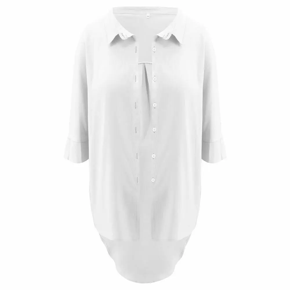 

2020 Spring Womens Long Sleeve Button Shirt Tops Ladies Asymmetrical Loose Long Blouse Plus