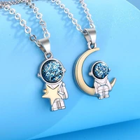 2pcs stars and moon minimalist lovers matching friendship spaceman astronaut pendant couple necklace jewelry anniversary gift