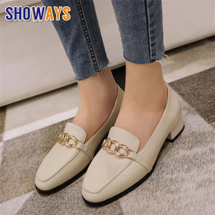 

British Women Loafers Beige Black Low Square Heel Moccasins Chain Flats Casual Office Lady Slip-on Round Toe Retro Smoking Shoes