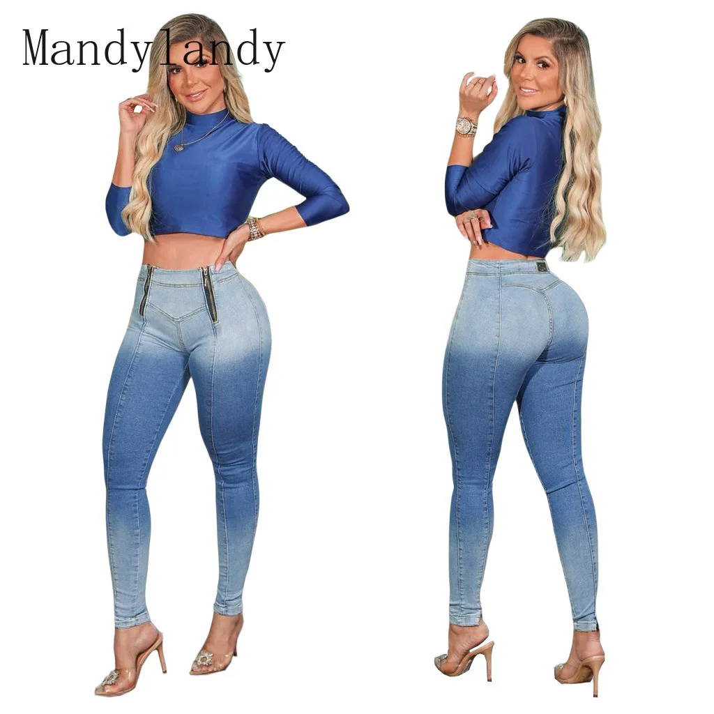

Mandylandy Jeans Autumn Fashion High Waist Zipper Stitching Denim Pencil Pants Women's Casual Slim Stretch Gradient Jeans