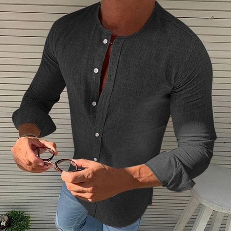 

Collarless Solid Color Top 2020 New men's Full Sleeved Single Breasted Blouse Fashion Wild Daily Men Blouse