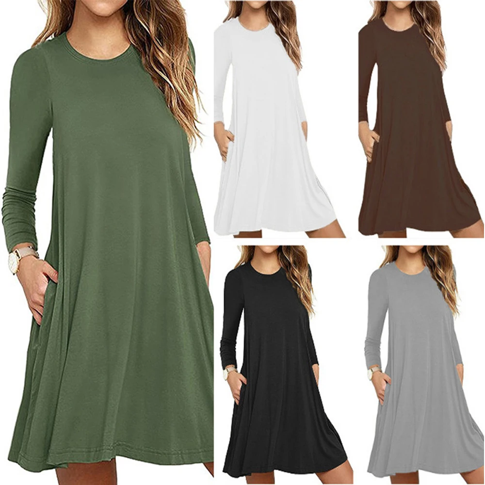 

FAKUNTN Casual Dress Autumn Women Short Solid Color A-line Dresses Womans Long Sleeve Mini Crew Neck Simple Loose Spring Dress