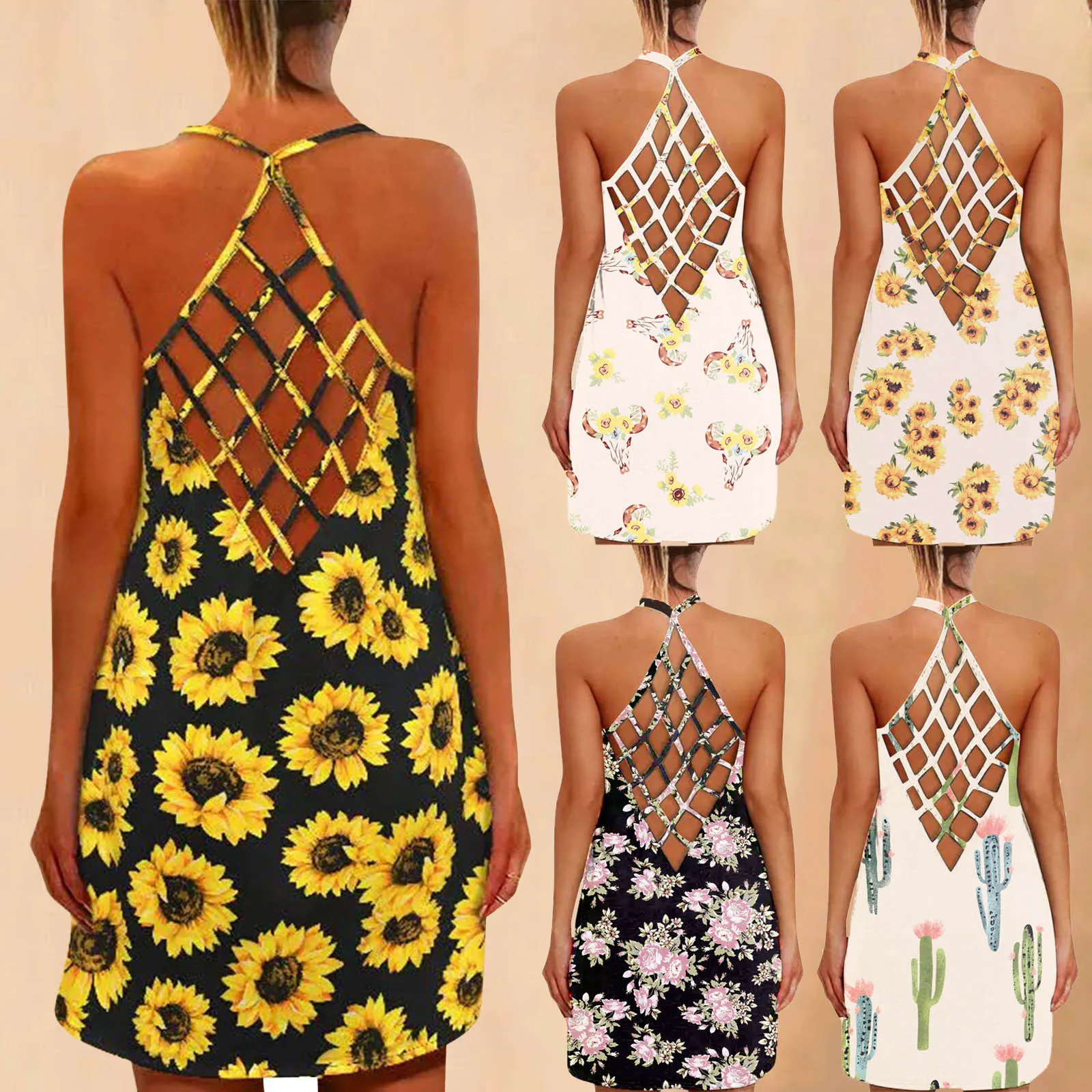

Elegant Hollow Out Backless Summer Dress Womens Sunflower Print O-neck Sleeveless Sexy Vest Tank Dresses Halter Mini Dress
