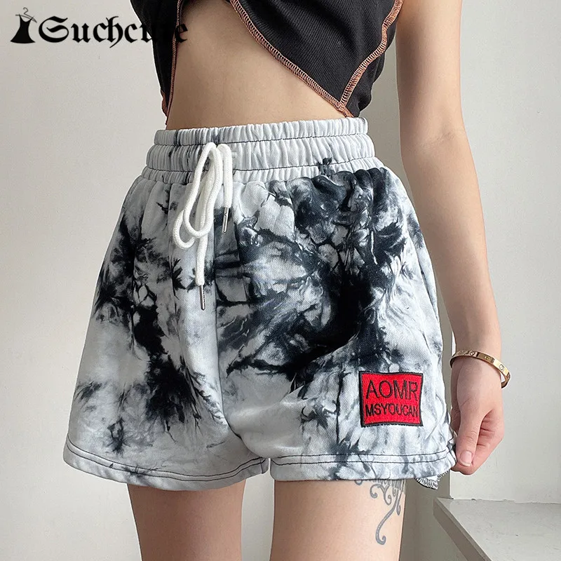 

SUCHCUTE Summer Casual Loose Sports Shorts For Women Drawstring High Waist Korean Style Tie Dye Print Shorts Harajuku