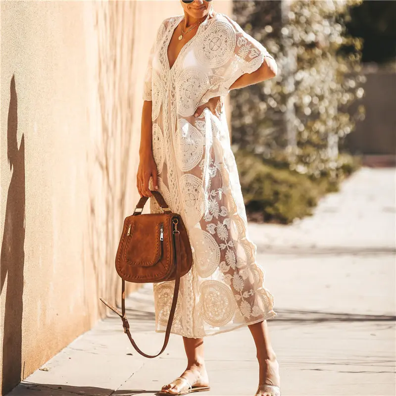 Женское пляжное шифоновое платье туника свободное Прозрачное с глубоким V