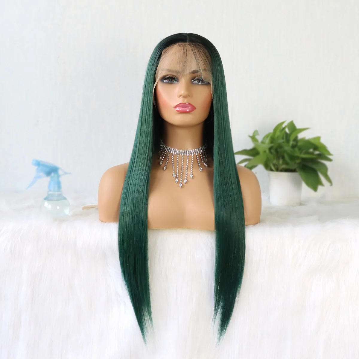 

Green Color Synthetic Lace Front Wigs for Fashion Women Heat Long Straight Hair Resistant Synthetic Hair Wigs 24 inch
