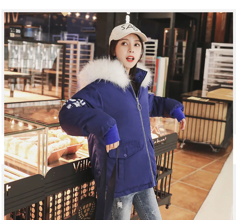 Blue (white collar) Зимние парки женские длинные пальто куртка новые толстые пальто женские модные меховые воротник с буквенным принтом большие карманы цвет черная одежда - Цвет: Blue (white collar)