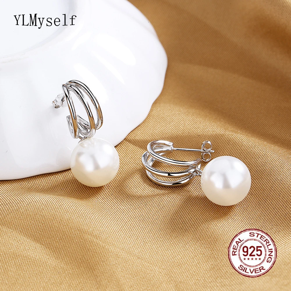 

Solid Real 925 Sterling Silver Earrings With 12 mm Shell Pearl Gold/White Color Elegant Fine Jewelry For Women