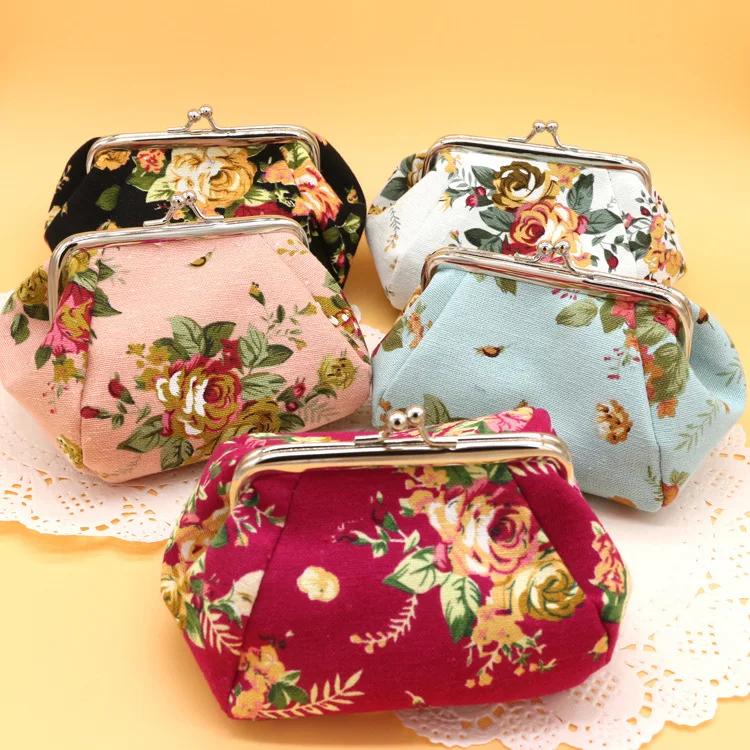 

Fashion Women Small Canvas Coin Purse Flower Print Ladies Coin Bag Two Metal Button Pocket Coin Pouch Key Credit Card Holder