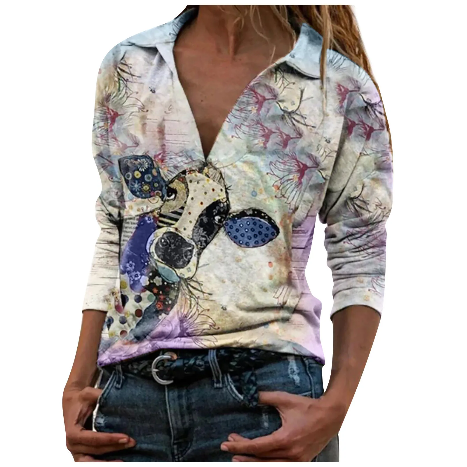 

Women's Print Shirts Thermal V Neck Long Sleeve T-shirts Loose Blouse Autumn Fashion Women T-shirt Top Рубашки