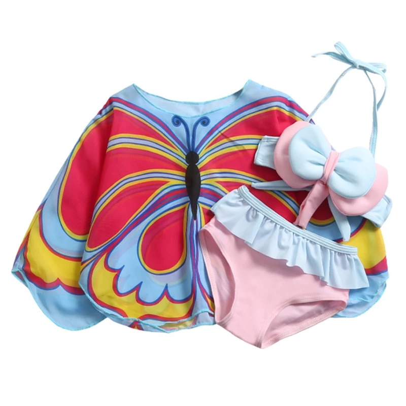 

2021 Children Girls Swimsuit Three-piece Swimwear Long Sleeve Suit Beach Clothes Summer Bikini Butterfly Print Beachwear Sets