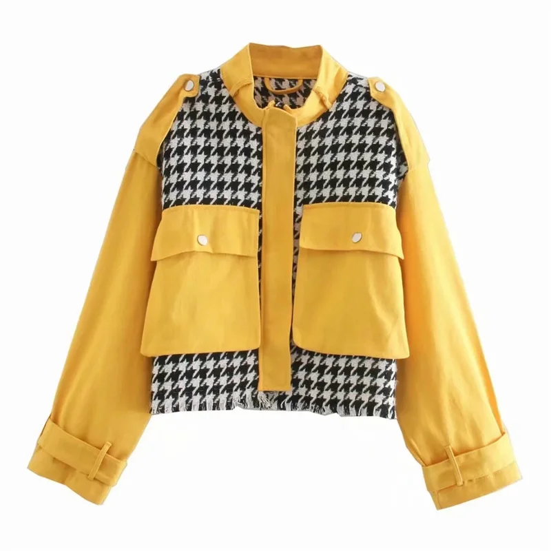 

Женская Повседневная куртка в клетку, желтая Свободная куртка в стиле пэчворк, осень 2021, винтажные женские куртки с карманами, уличная одежд...