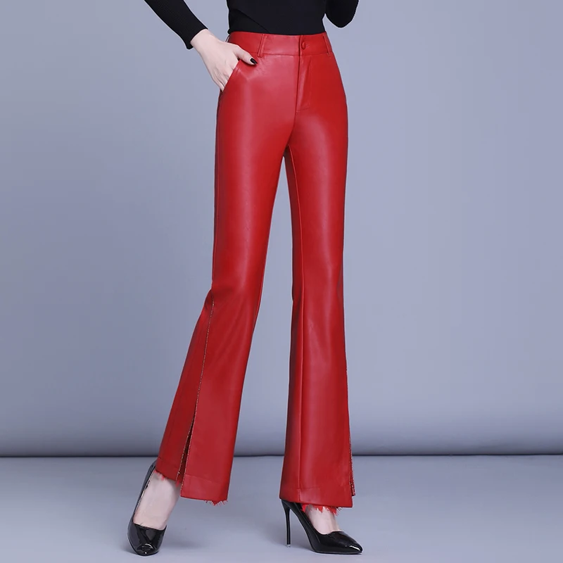 2021 Spring Autumn Women Clothes Lace Patchwork Red Black Pu Leather Pants , Woman Slim Fashion 4xl 5xl Trousers