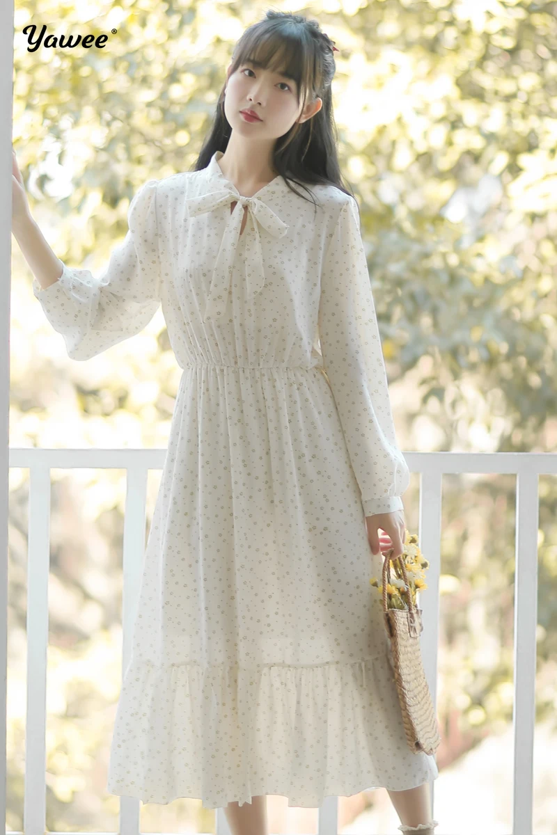 

Yawee Summer Long Dress Women bow Floral Print Boho Chiffon Dress long Sleeve Bohemian Dress Ladies Casual Dresses Vestidos