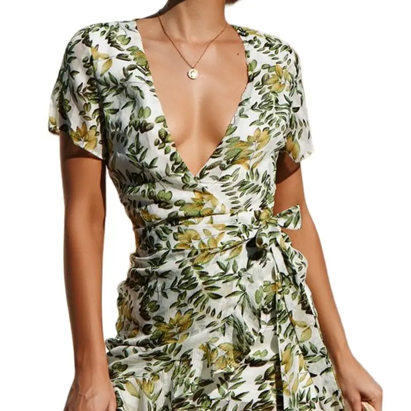 

FANIECES Summer Holiday Beach Mini Dress Women Leaf Print Boho Chiffon Dress Belt Tunic Wrap Deep V-Neck Sexy Party Dress Robe