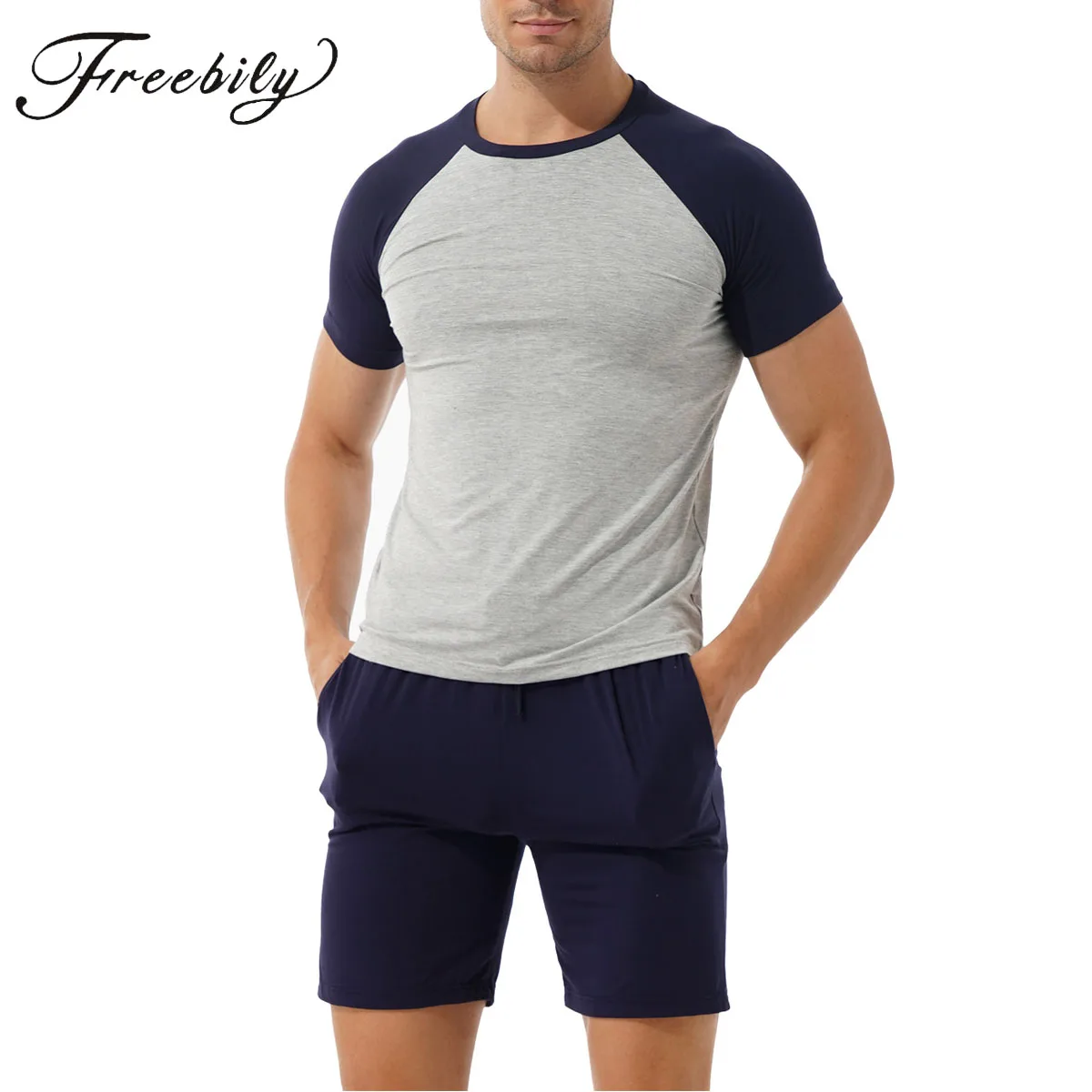 

Men's Cotton Pajama Set 2 Pcs Summer Crewneck Short Sleeve Raglan Pjs Sleepwear