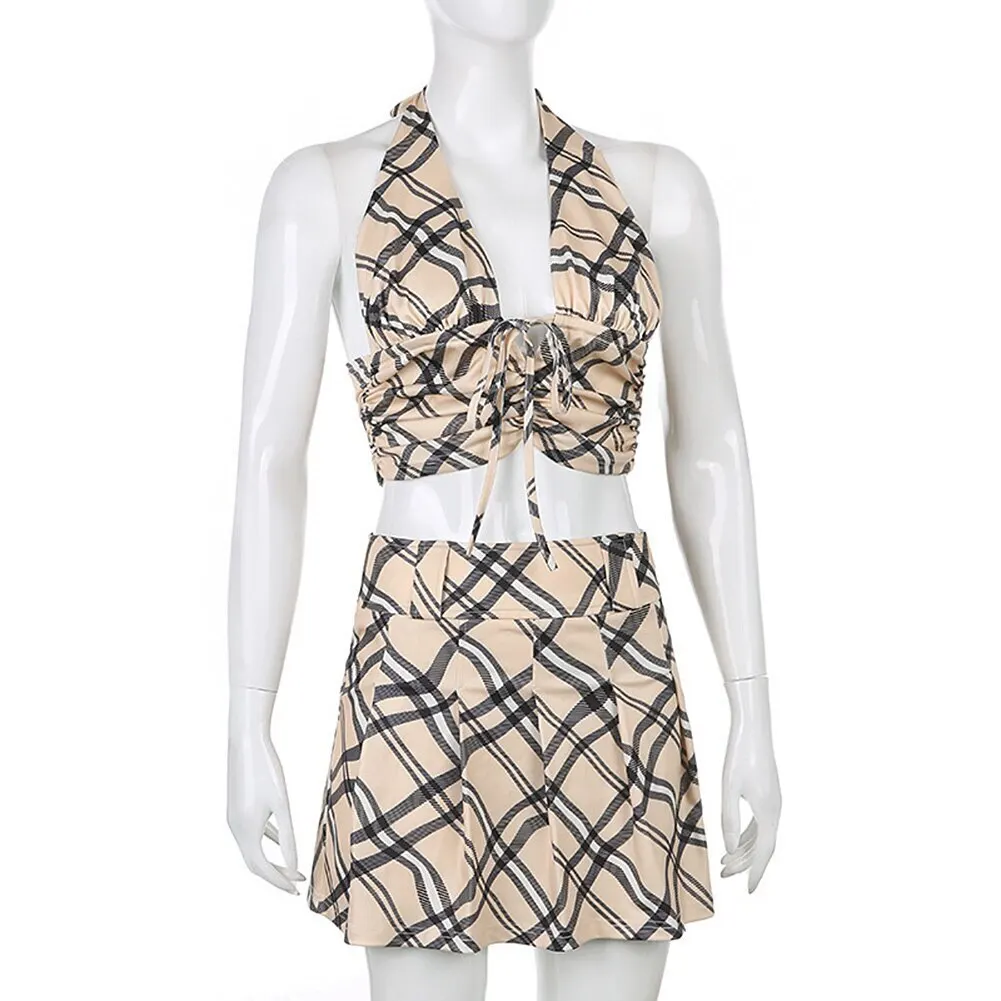 

Plaid High Waisted Women Skirt Suit Y2k Checkered Pleated Skirt Crop Tops Set Women Mini Skirts Ladies Two Piece Set Women