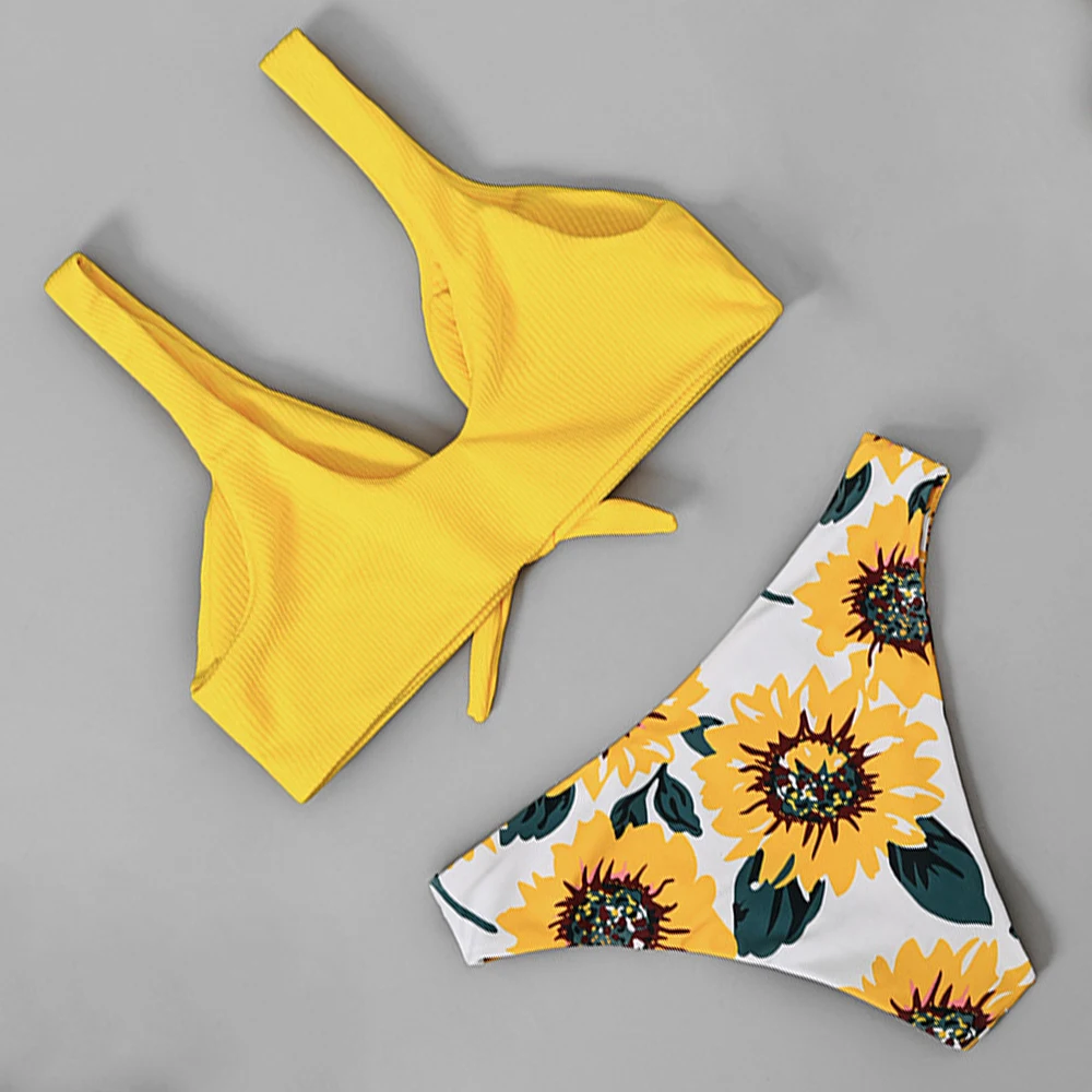 Женский купальник с принтом подсолнуха пикантный завязками спереди пуш ап