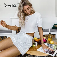 simplee casual cotton two piece women short sets summer o neck short top loose shorts suit 2021 white chic home wear female sets