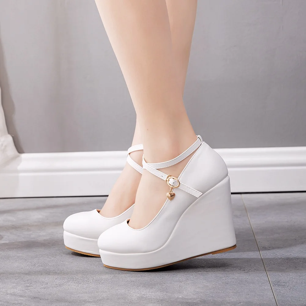 

Plus Size 42 White Women Pumps 2021 Wedge Non-slip Cross buckle Ladies High Heels Pumps 10.8cm Office Shoes Wedding Heeled Shoe