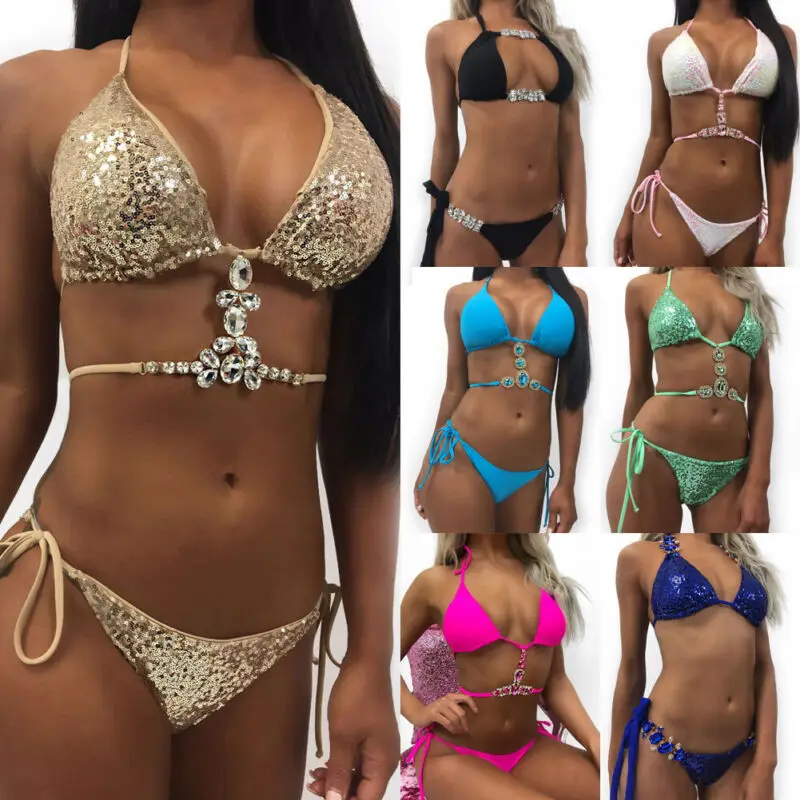 Женское сексуальное бикини 2019 с кристаллами Стразы купальник блестящими