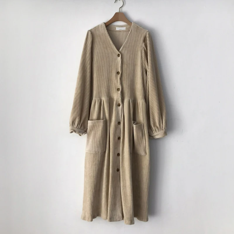 

PERHAPS U French Vintage Khaki Black Corduroy V-neck Single-breasted Pocket Lantern Long Sleeve Solid Dress Autumn D2023