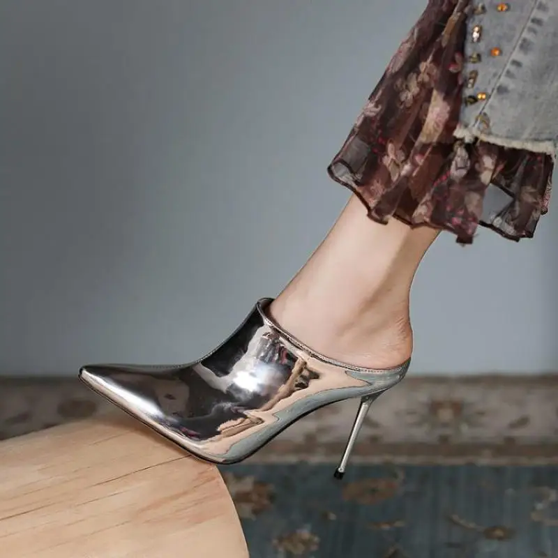 

2021 Summer New Thin Heel High Heeled Shoes Pointed Toe Silver Patent Leather Slingbacks Pumps Ladies Shoe Slippers Sandals