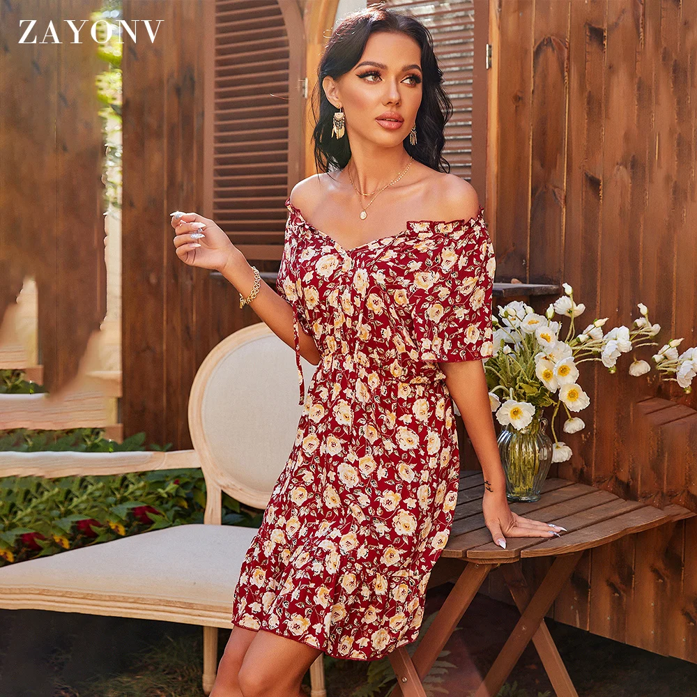 

Summer Women’s Ruffle Mini Dress Short Sleeves Floral Round Neck Loose Pleated Dress