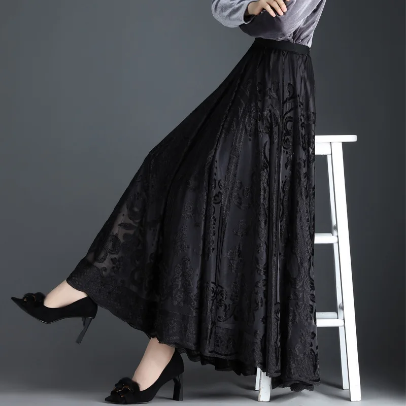 

Women Long Skirt Solid Color High Waist Skirt Soft Lace Golden Velvet Autumn Winter Elegant Slim Chic Vestidos Best Gift