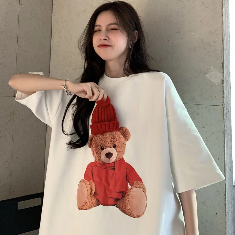 

Bear design small crowd short sleeve T-shirt women loose Korean ins2021 new Christmas new year half sleeve clothes