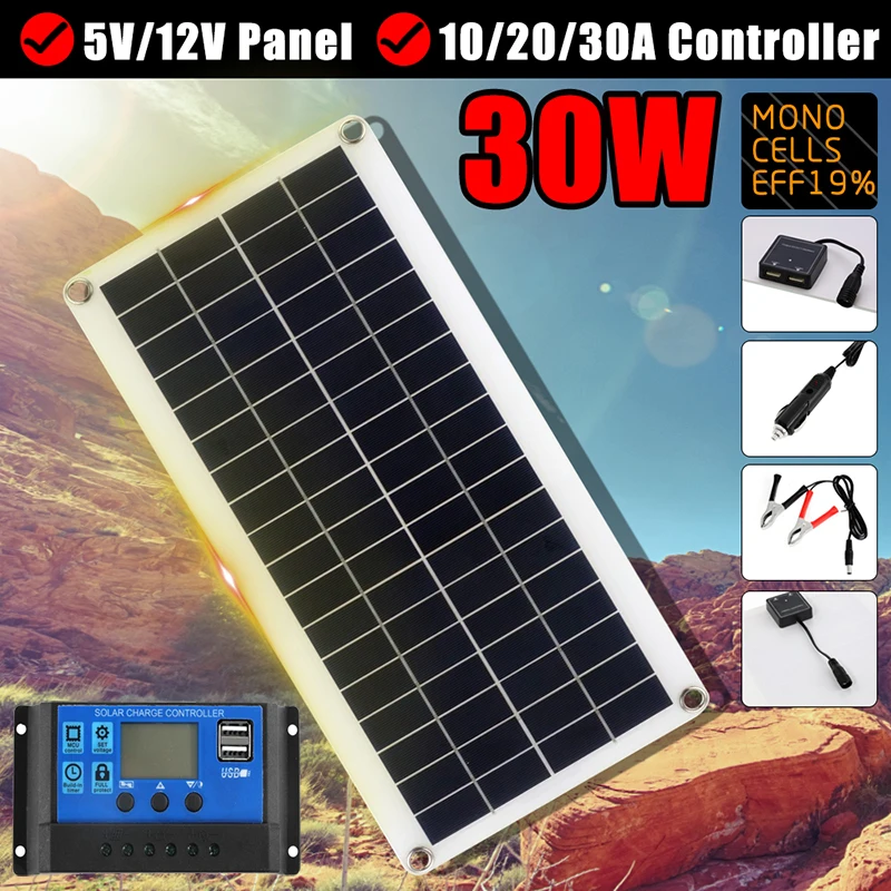 

30W Solar Panel Dual USB Output Solar Cells Poly Solar Panel 10/20/30/40/50A/60A Controller for 12V/24V Battery Power Charger