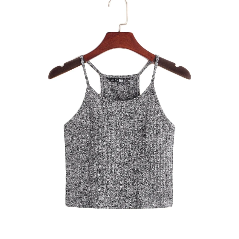 SHEIN серый ребристый Вязаный топ на бретельках Женские жилеты Женская Базовая одежда эластичный тонкий крой осень Спагетти ремень повседневные топы