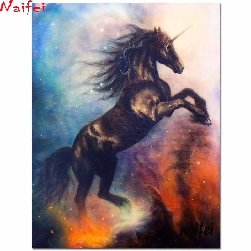 Полностью квадратная круглая алмазная живопись 5D Единорог искусство