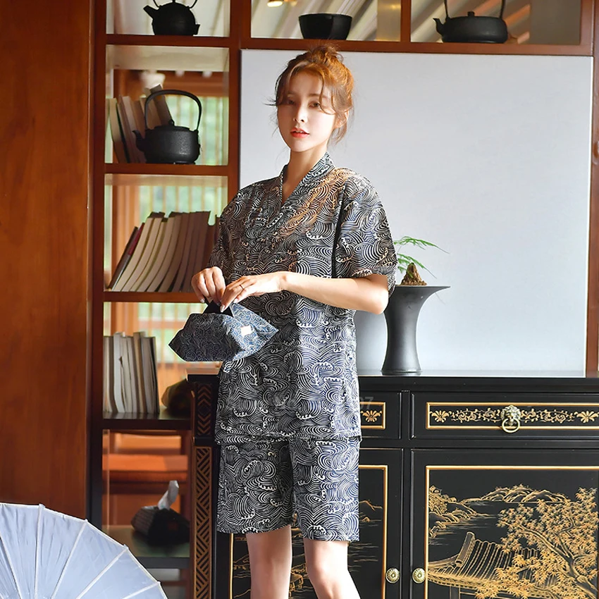 Пижамный комплект для пар Традиционная японская Пижама с волнистым принтом