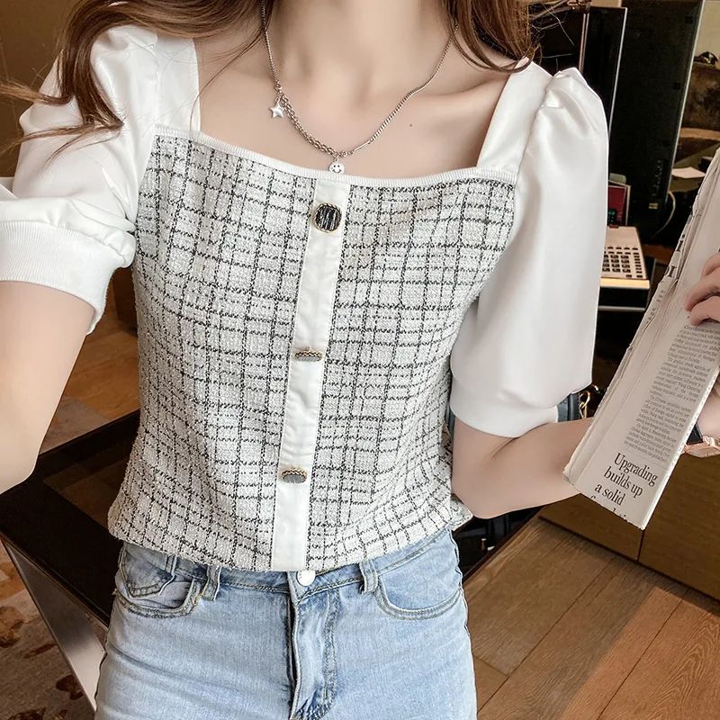 

2021 summer new light mature style square neck stitched bubble sleeve knitted short sleeve top thin shirt