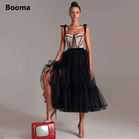 booma black puffy tulle prom dresses tie straps velvet top midi prom gowns open back tea length a line formal party dresses