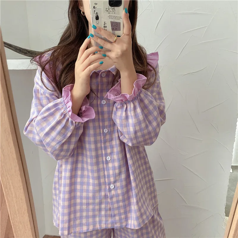

New Fashion Pyjamas Women Soft Cotton Home Wear 2021 Autumn Winter Pijama Female Pants Suit Lapel Plaid Pajamas Set Sleepwear PJ