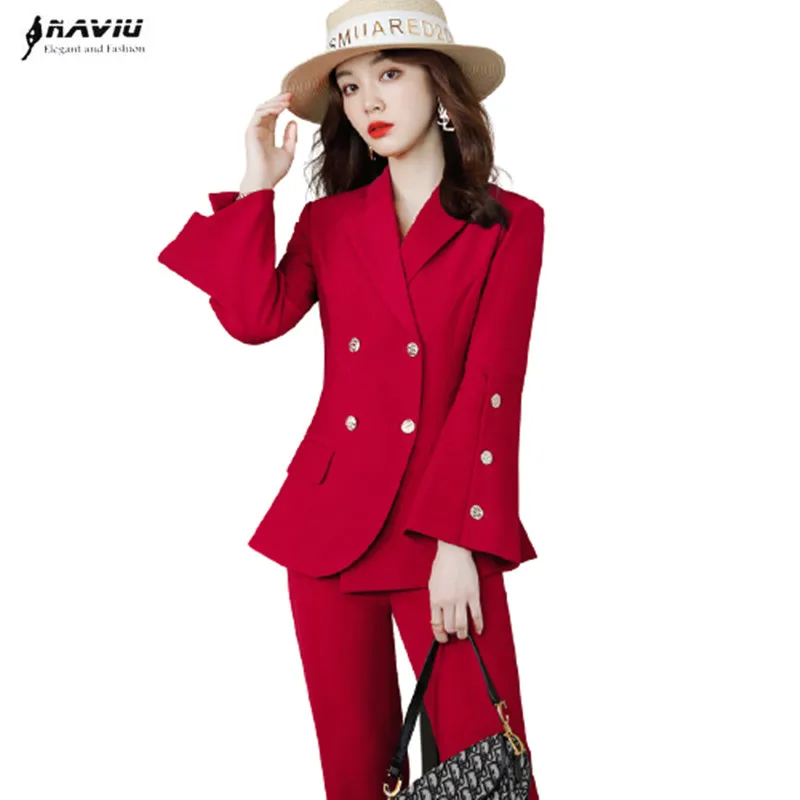 Red Suits Women Autumn Fashion Business Temperament High End Formal Long Sleeve Slim Blazer And Pants Office Ladies Work Wear