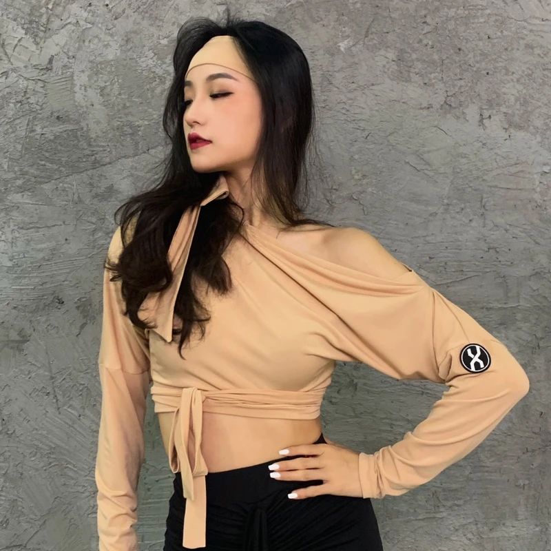 Топ женский для латиноамериканских танцев с длинными рукавами и косым плечом