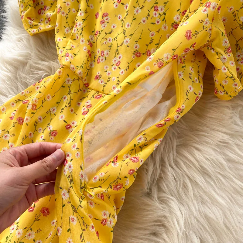 

Sexy Drawstring Pleated Mid-calf Dresses Women Fairy Floral Print Dress Summer Short Sleeve A Line Vacation Beach Dress Vestido