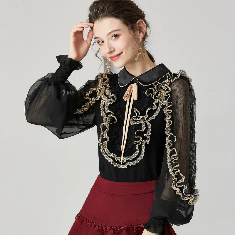 Ruffled Lace Patchwork Women Blouse Dot Mesh Lantern Sleeve Casual Work Blouse Spring Knitted Sweater Perspective Shirt Top