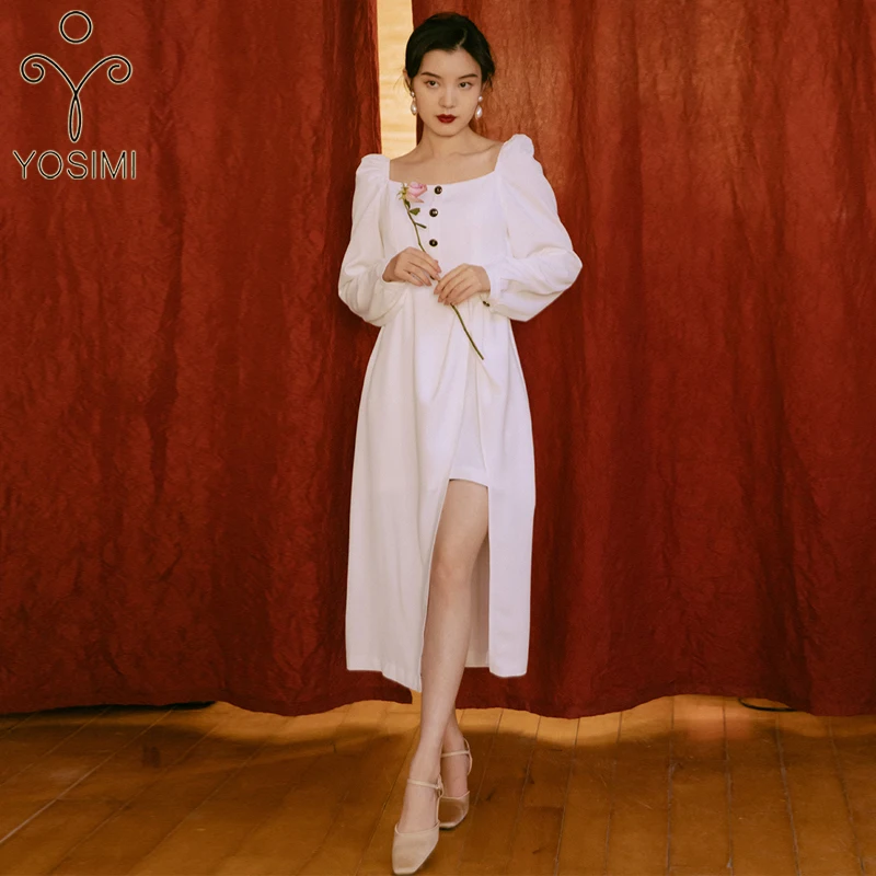 

Женское винтажное платье YOSIMI, белое элегантное черное платье-трапеция до середины икры с квадратным вырезом и длинным рукавом, осень 2021